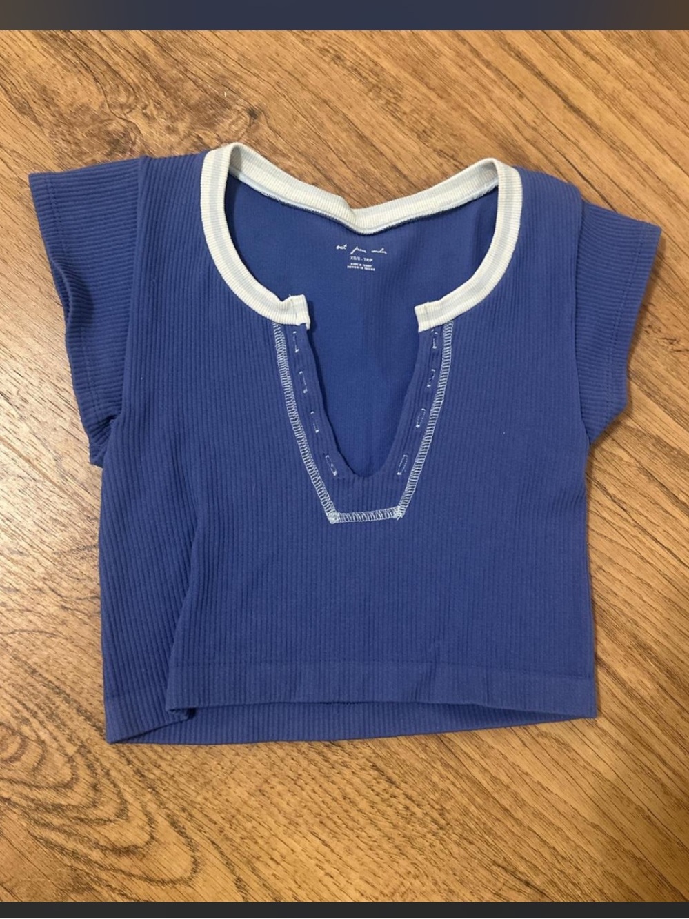Urban Outfitters Blue Ribbed V-Neck Crop Top with White Trim